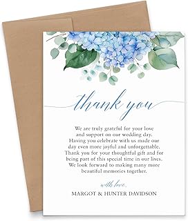 Blue Hydrangea Thank You Cards For Wedding Pre Written, FLAT Personalized Thank You Cards With Hydrangeas, Elegant Floral Thank You Notes From Mr and Mrs, Your Choice of Quantity and Envelope Color