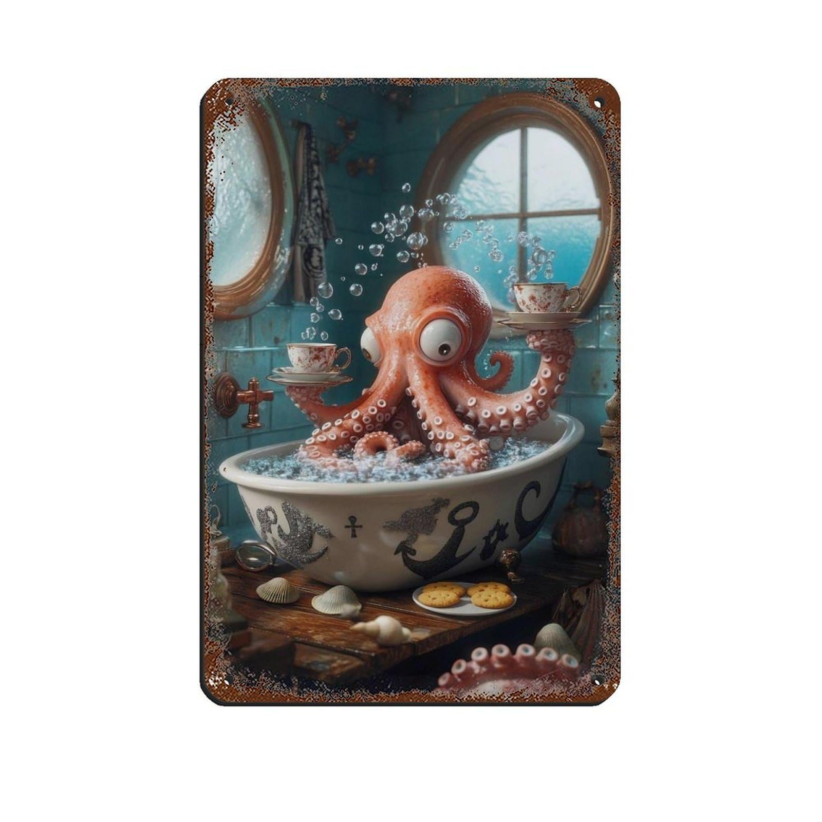 Quirky Octopus Bathroom Art Retro Poster Metal Tin Sign Chic Art Retro Iron Painting Bar People Cave Cafe Family Garage Poster Wall Decoration 8x12inch(20x30cm)