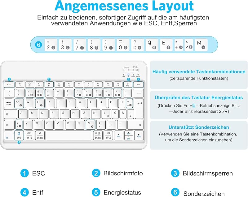 Emetok Német QWERTZ Bluetooth Billentyűzet iPad/iPhone/Samsung/Android Készülékekhez - Ultravékony, Újratölthető, Vezeték Nélküli, Fehér