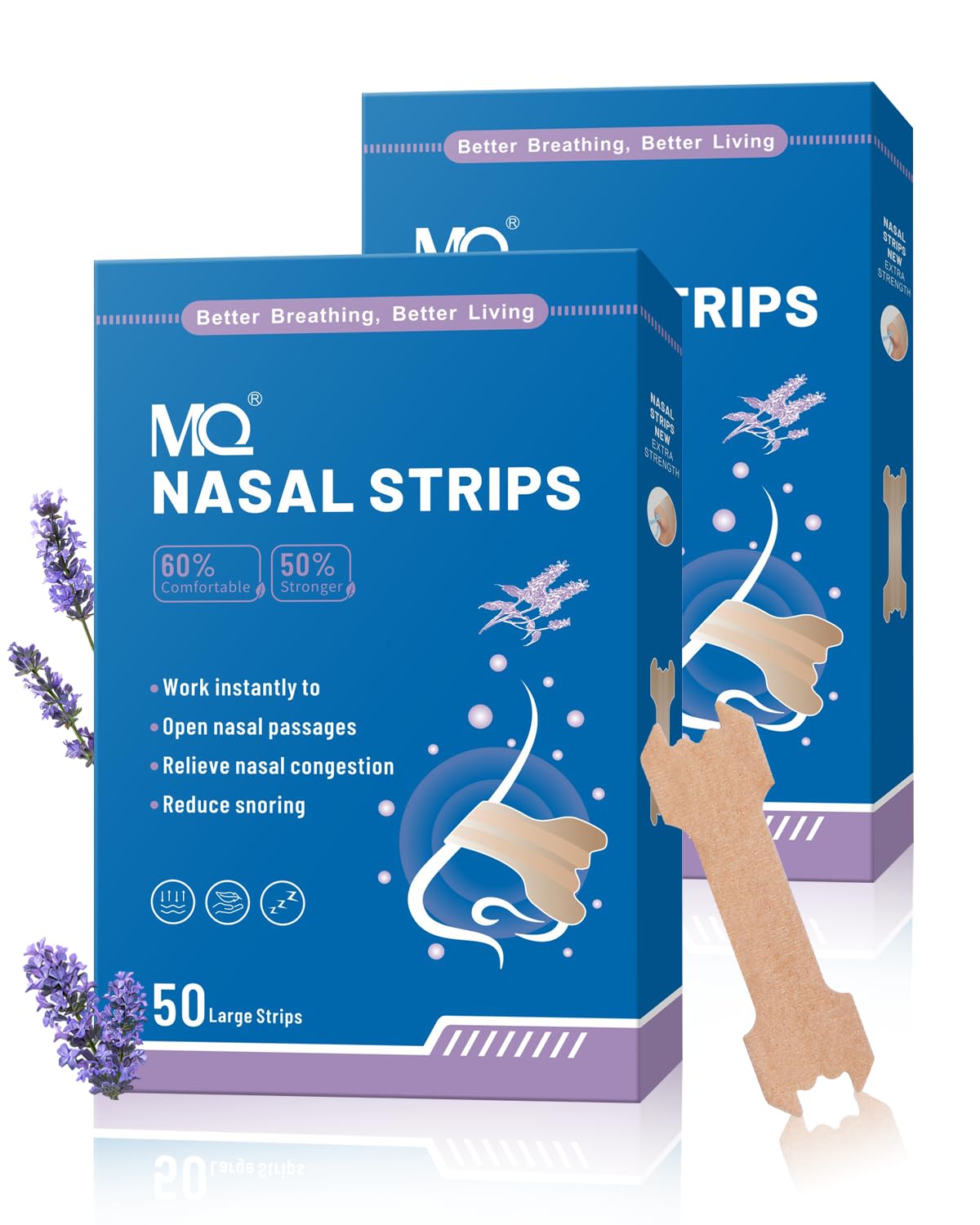 MQ 100ct Nasal Strips for Snoring Lavender Scent Nose Strips for Breathing Extra Strength Snore Strips to Open Nasal Passages, Relieve Nasal Congestion