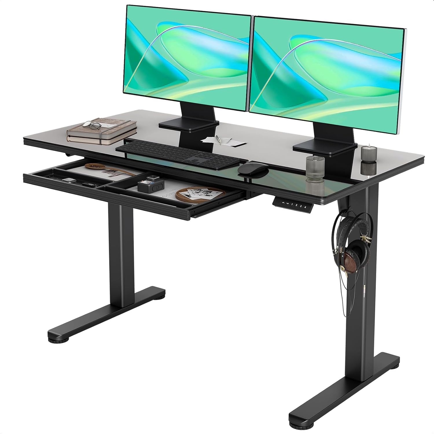 INNOVAR Glass Standing Desk with Drawers, 48 x 24 Inches Electric Height Adjustable Desk, Tempered Glass Top Stand Up Desks for Home and Office, Black