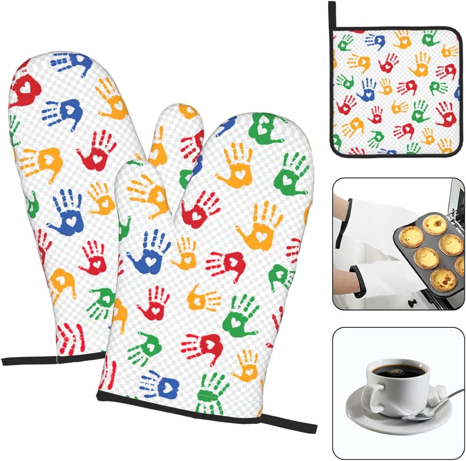 Colorful Hand Shapes Rainbow Print Heat Resistant Microwave Gloves, Used for Baking, Cooking, and Fashion Kitchen Essentials