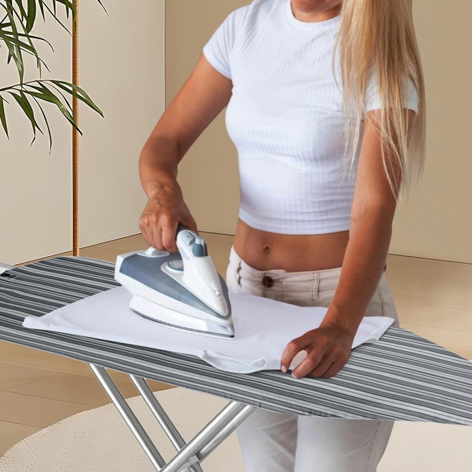 Ironing Board Cover 14x48 Stripes Gray White Iron Board Cover with Padding Heat Reflective,Scorch Resistant Thick Padding,Snug Fit Non-Slip Nose Pocket Fastener Straps Elastic Edges