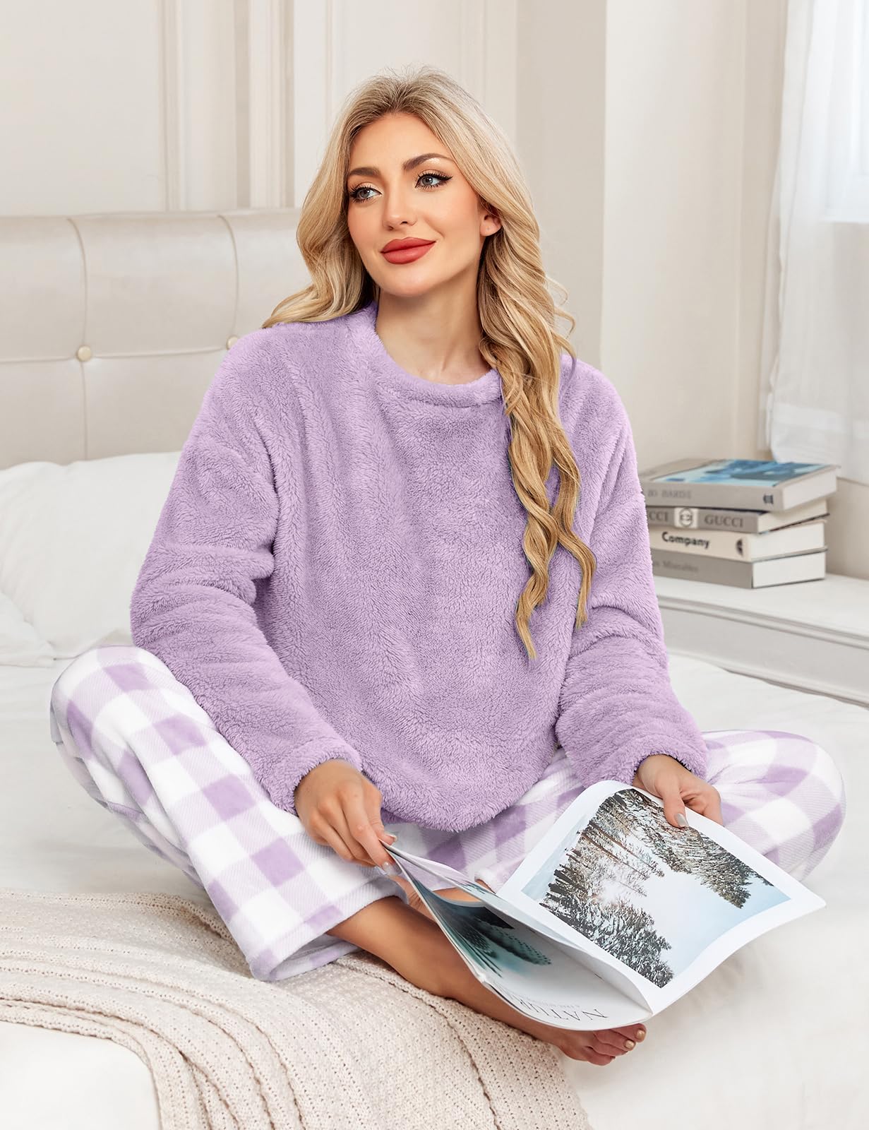 Niwicee Pijama para Mujer Invierno Conjunto de Pijama Forro Polar Super Suave Ropa de Dormir 2 Piezas Damas Ropa de Noche Manga Larga cálida y Pantalones Largos con Bolsillo Pijama para Navidad