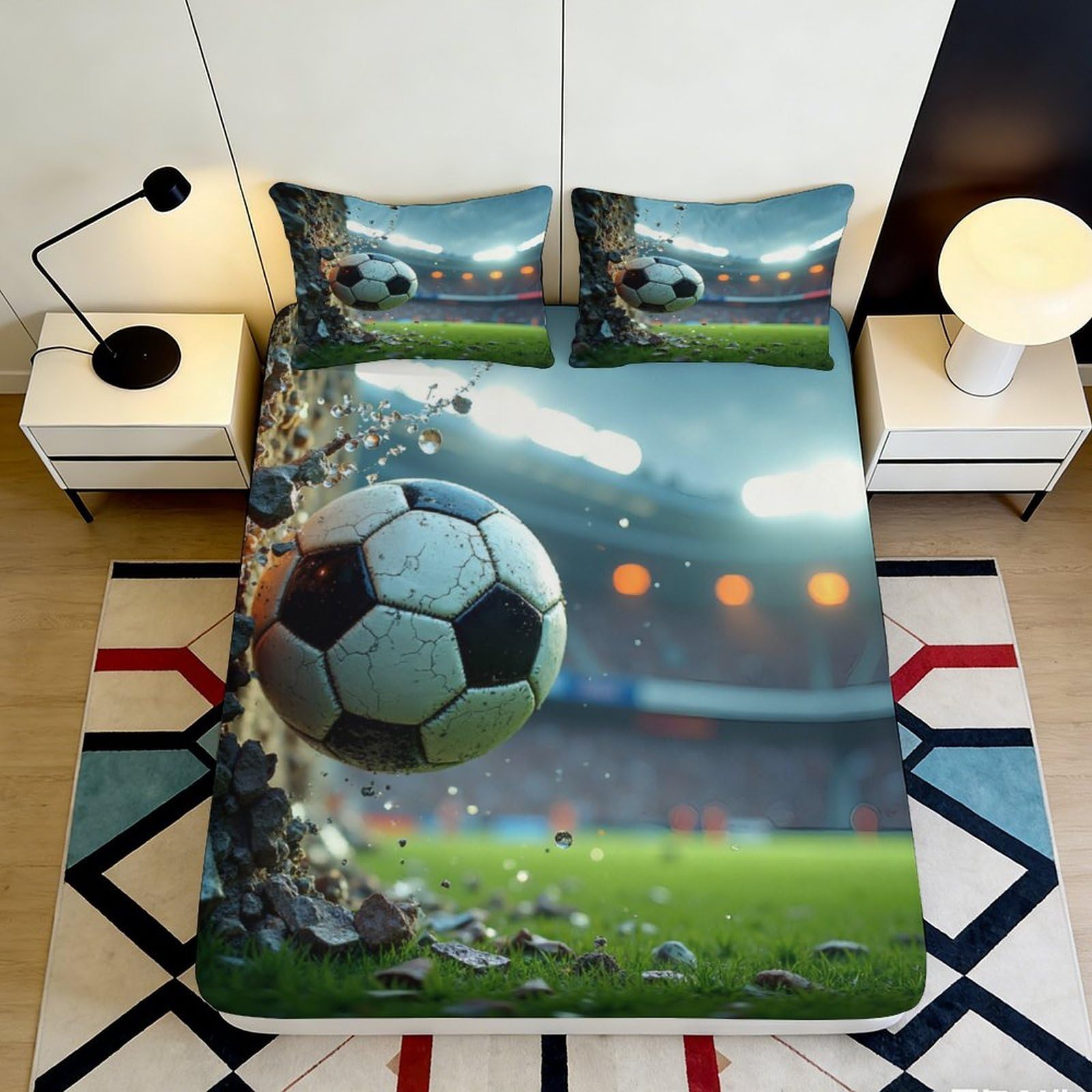 3D Printed Soccer Stadium Fitted Sheet Microfiber Soft Anti-Slip Football Game Bed Cover for Bedroom Guest Room 140x200x25cm