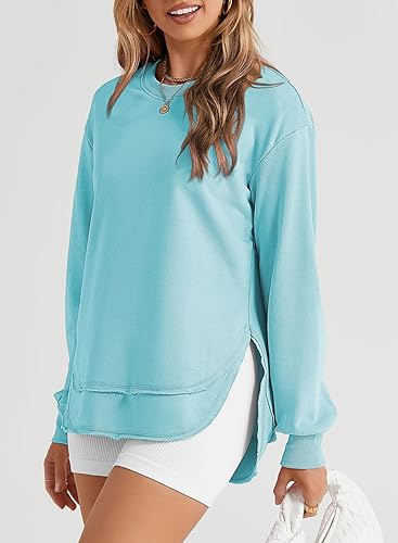 Vista 3 de EVALESS Sudadera para mujer, casual, color liso, cuello redondo, manga larga, abertura lateral, túnica de ajuste holgado