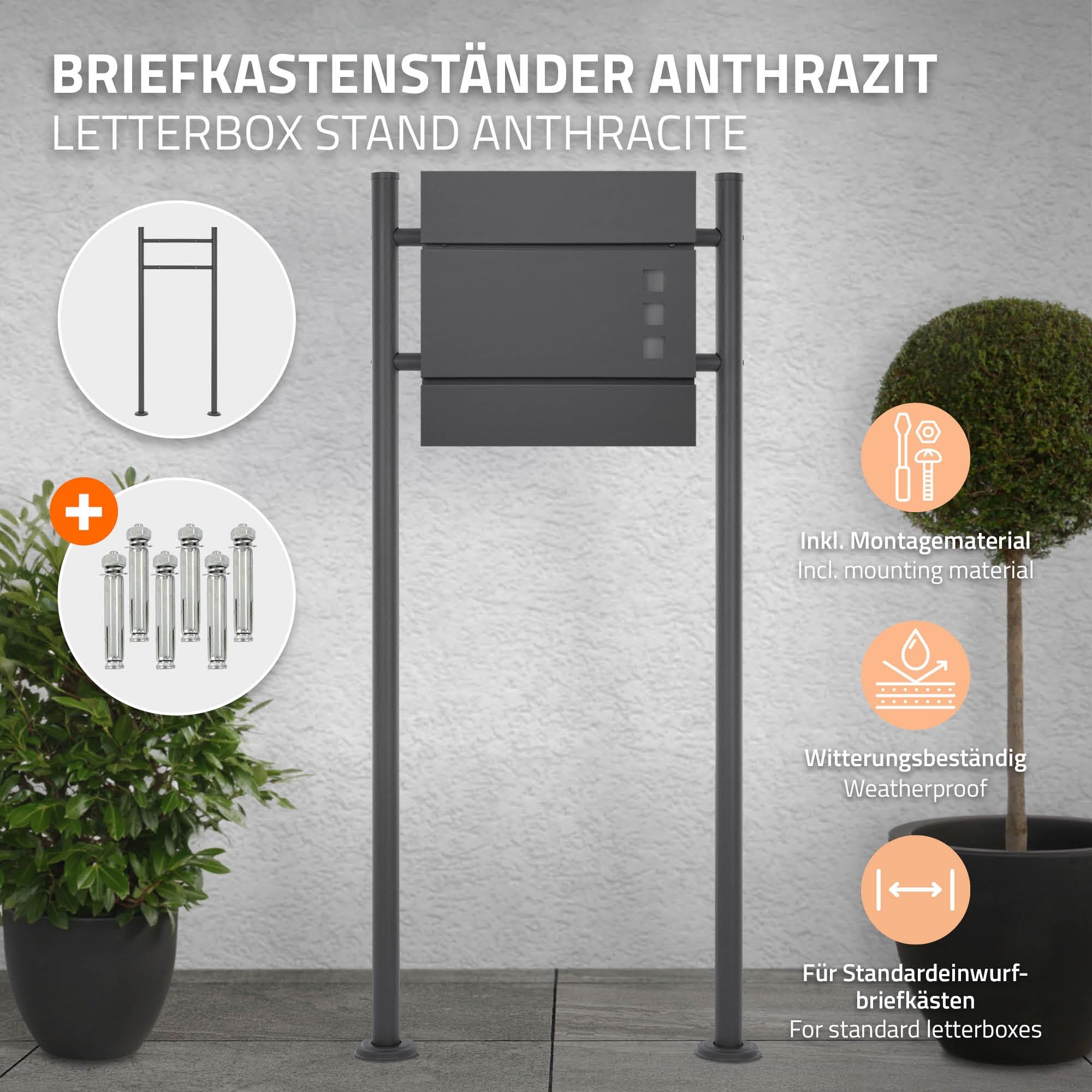 ML-Design Soporte Poste para Buzón de Correos de Acero Inoxidable con Recubrimiento de Polvo, Antracita, Altura 120 cm, Barras Redondas, Anclable en el Suelo con 6 Tornillos Diseño Moderno para Hogar