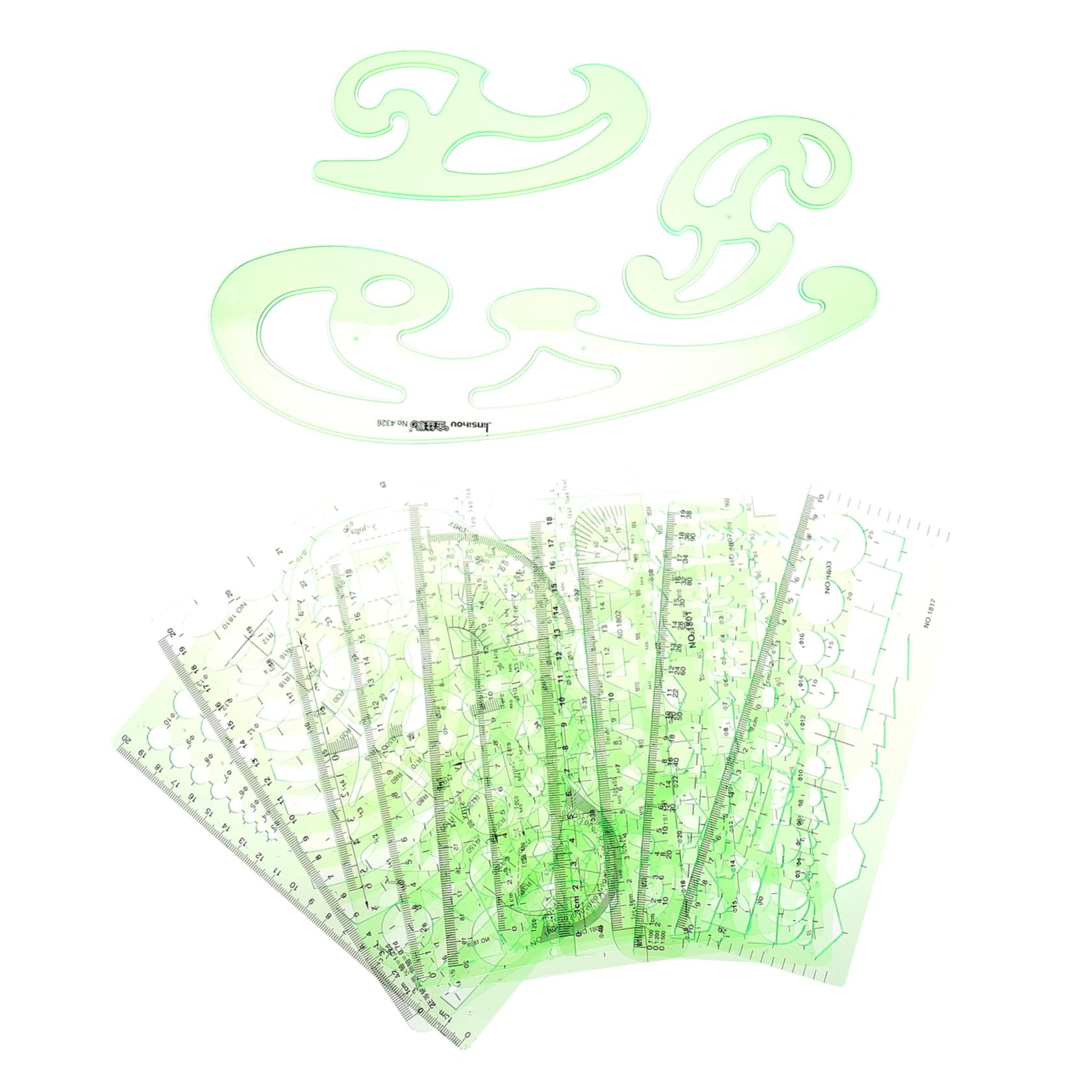 POPETPOP Lot de 13 Pochoirs de Dessin en Pet Vert pour Intérieur, Ensemble Multifonction Formes Variées, pour Étudiants et Ingénieurs en Dessin Technique