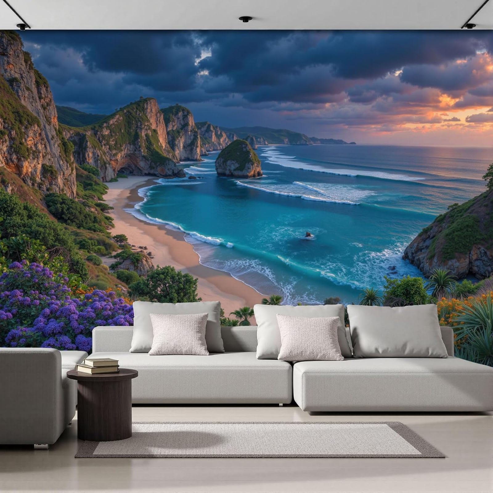 Non-woven photo wallpaper, magnificent coastline 3D effect, realistic seascape for living room/bedroom, blue wall mural for wall decoration, 350cm x 256cm stickers - frameless painting - poster