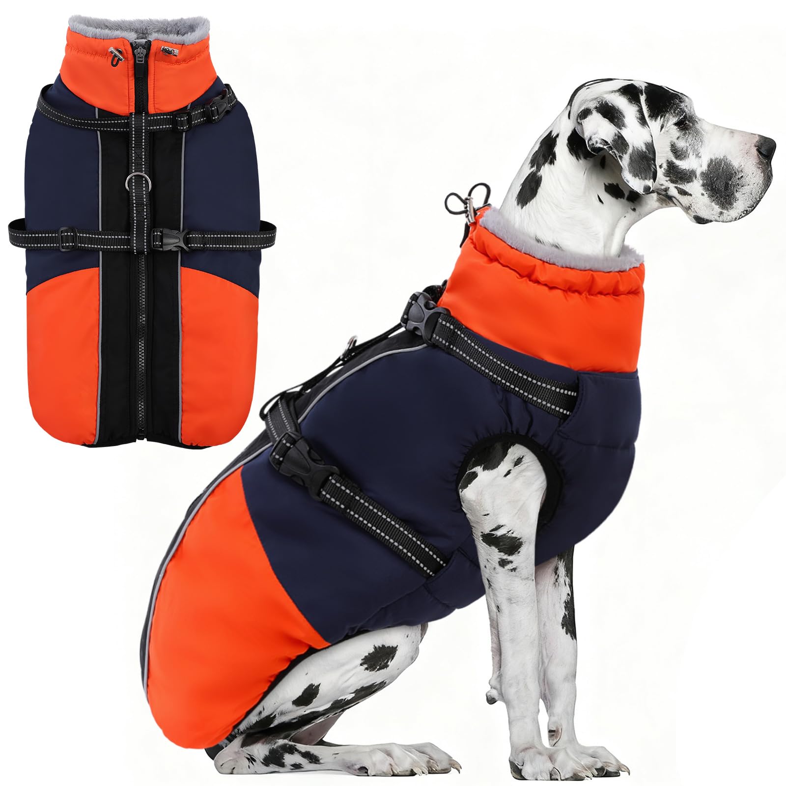 AOFITEE Abrigo grande para perro, chaquetas impermeables para perros con arnés, abrigo cálido con forro polar para perros grandes, traje de nieve, chaquetas con cremallera para perros para clima frío