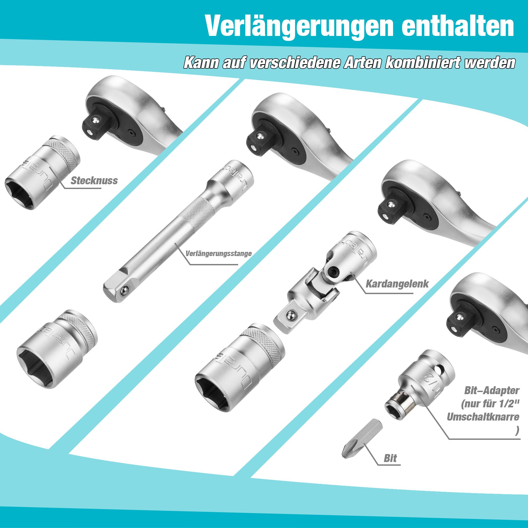 DURATECH Steckschlüsselsatz 108-teilig, Knarrenkasten Steckschlüssel Set | Ratschenkasten mit 1/2” und 1/4” Umschaltknarre, Verlängerungen, Bits, Stecknüsse, Chrom-Vanadium-Stahl, inkl. Koffer