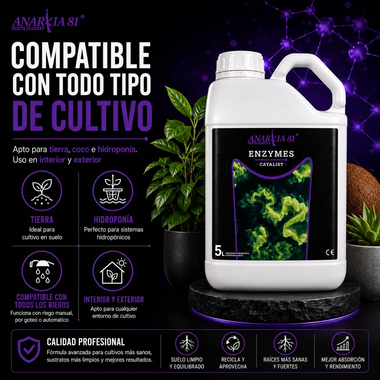 ENZYMES 5 L – Complejo Enzimático para Plantas Limpieza de Sustrato Elimina Sales y Raíces Muertas Mejora Absorción y Salud Radicular en Cultivo Interior y Exterior - Anarkia81