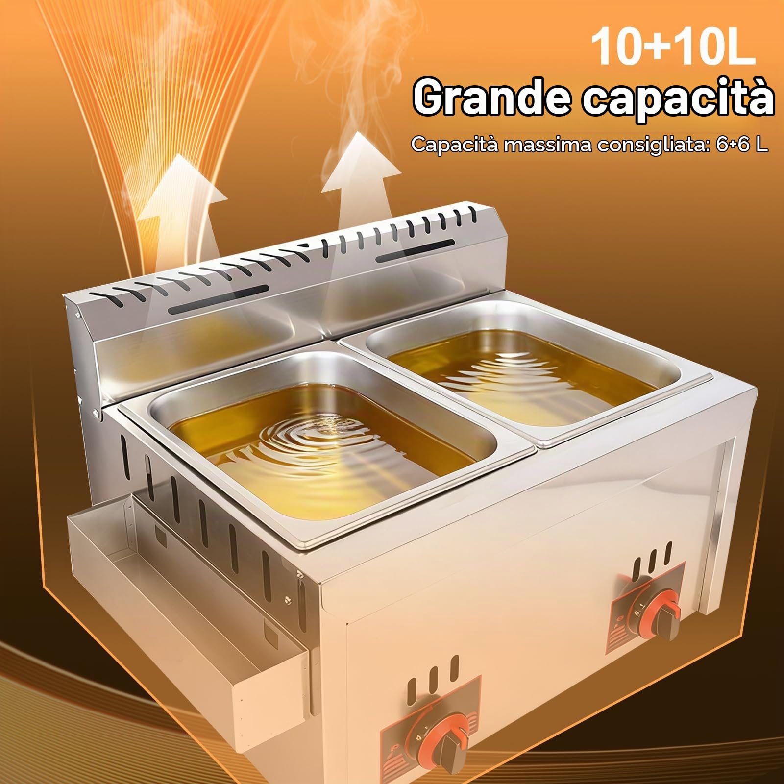 Deep Fryer Friggitrice a Gas GPL Professionale Doppio Cestello da 20 L, Friggitrice a Gas Commerciale in Acciaio Inossidabile Potenza di Fuoco Regolabile, Facile da Pulire, Cestello Staccabili