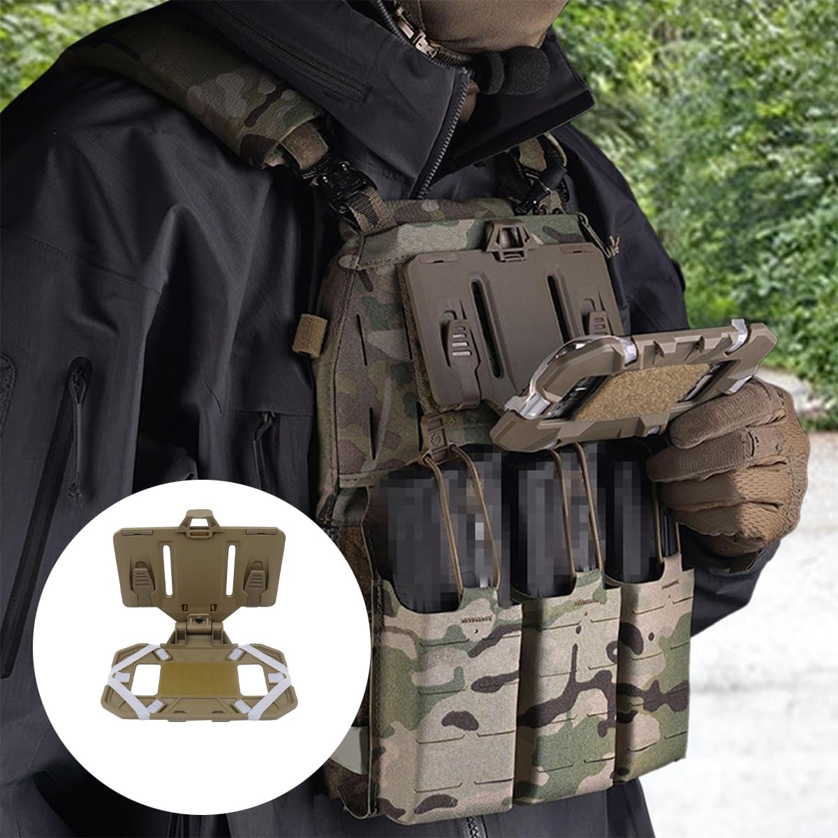 Ubric Supporto per cellulare da gilet, pannello di navigazione pieghevole da appendere, supporto per cellulare da petto a sgancio rapido (kaki)