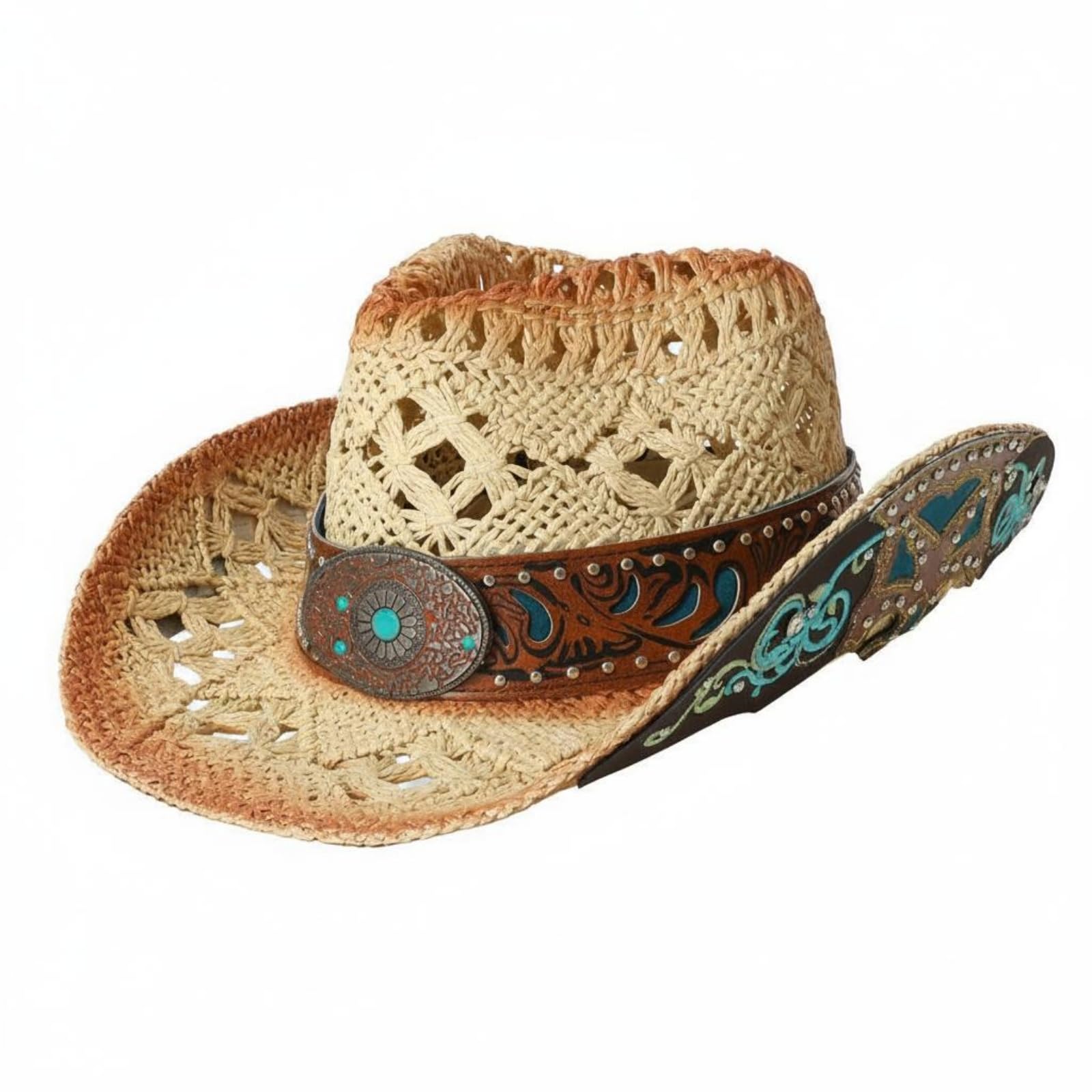 MYADDICTION Embroidered Straw Cowboy Hat Decorative Belt Turquoise Band Cowboy Hat Vintage Design Fashion Accessory for Vacation, Beach, Outdoor, Beige Orange Band-image-42