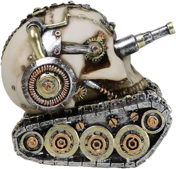 Ebros Gift Military War Steampunk Android Gearwork Robotic Cyborg Skull Tank Figurine Sci Fi Clockwork Gear Skull Cranium Design Skeleton