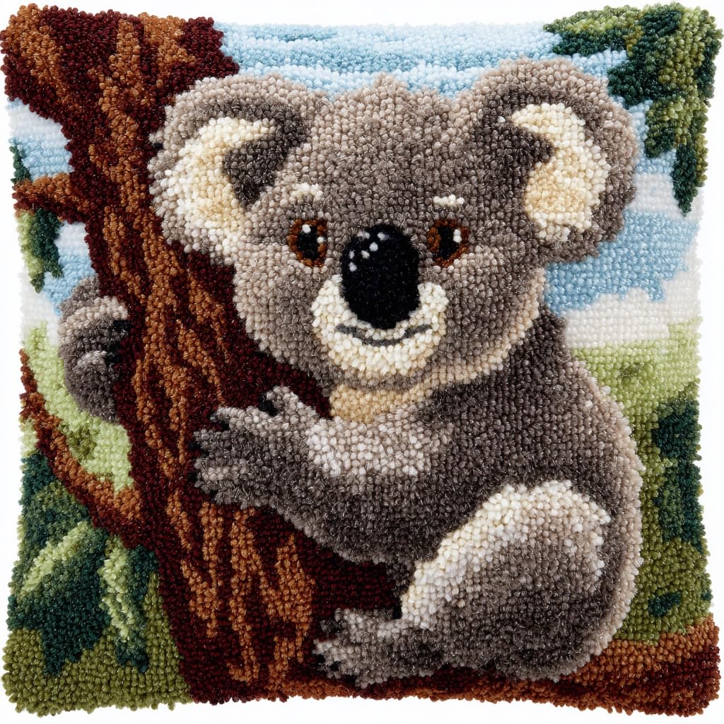 Henypt Latch Hook Kits-F Diy Pillow Cover Latch Hook Cushion Kits, Koala Needlework Pillow Cover Sofa Cushion Rug Making Kits,Diy Craft Kit,17X17inch