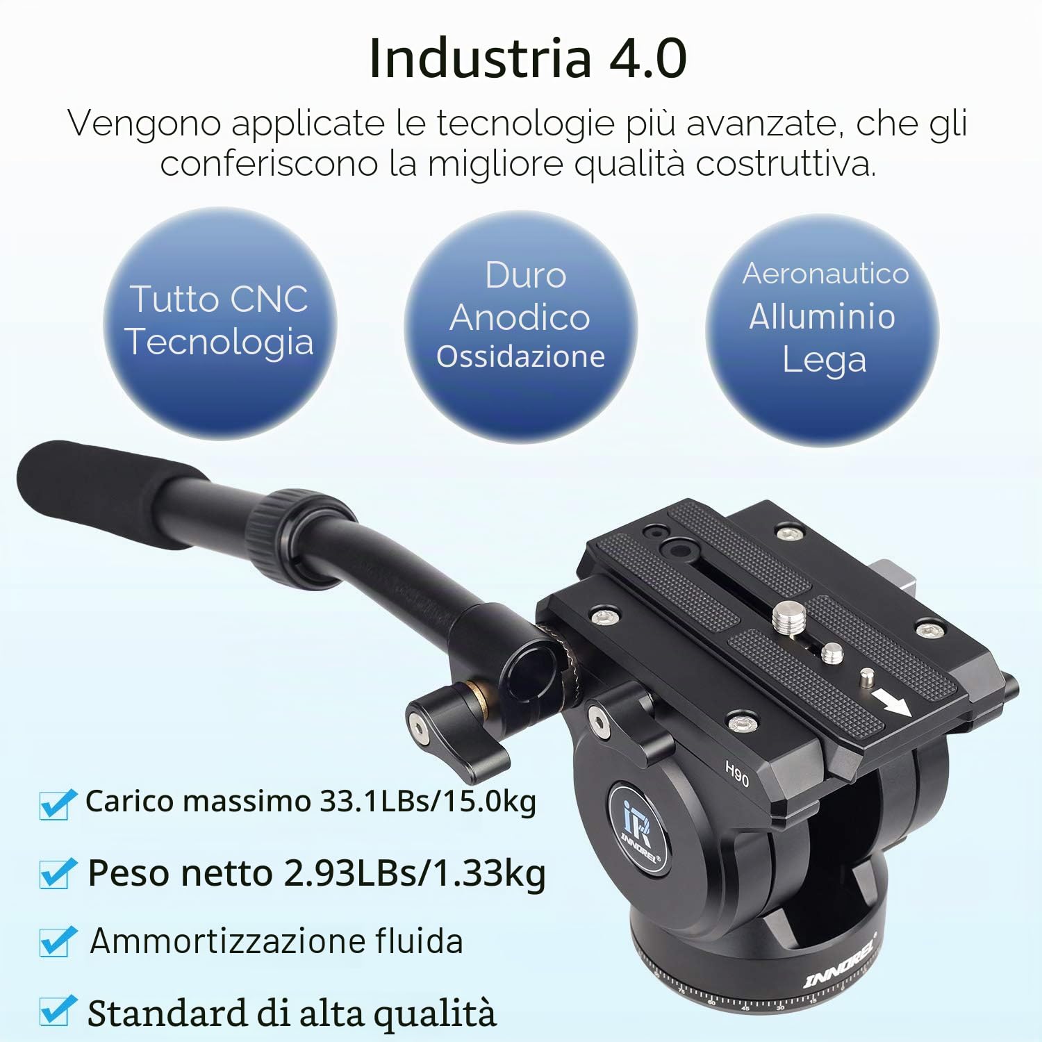 Testa Fluida, Treppiede INNOREL H90 Testa Fluida con Vite di Montaggio da 3/8"e 1/4" per Reflex Digitali Videocamere Registrazioni Riprese, Massima Carico 15kg Lega di Alluminio