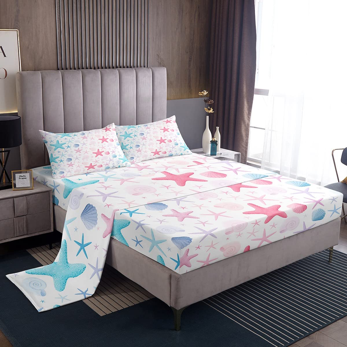 Watercolor Starfish Bed Sheet Set for Boys Girls,Pink Blue  Products similar Shell Snail Stars Sea Animals Bed Sheet Set Full Size Bedding Set,Girly Cute Gradient Ocean Themed Fitted Sheet and 1 Flat, 2 Pillow Sham