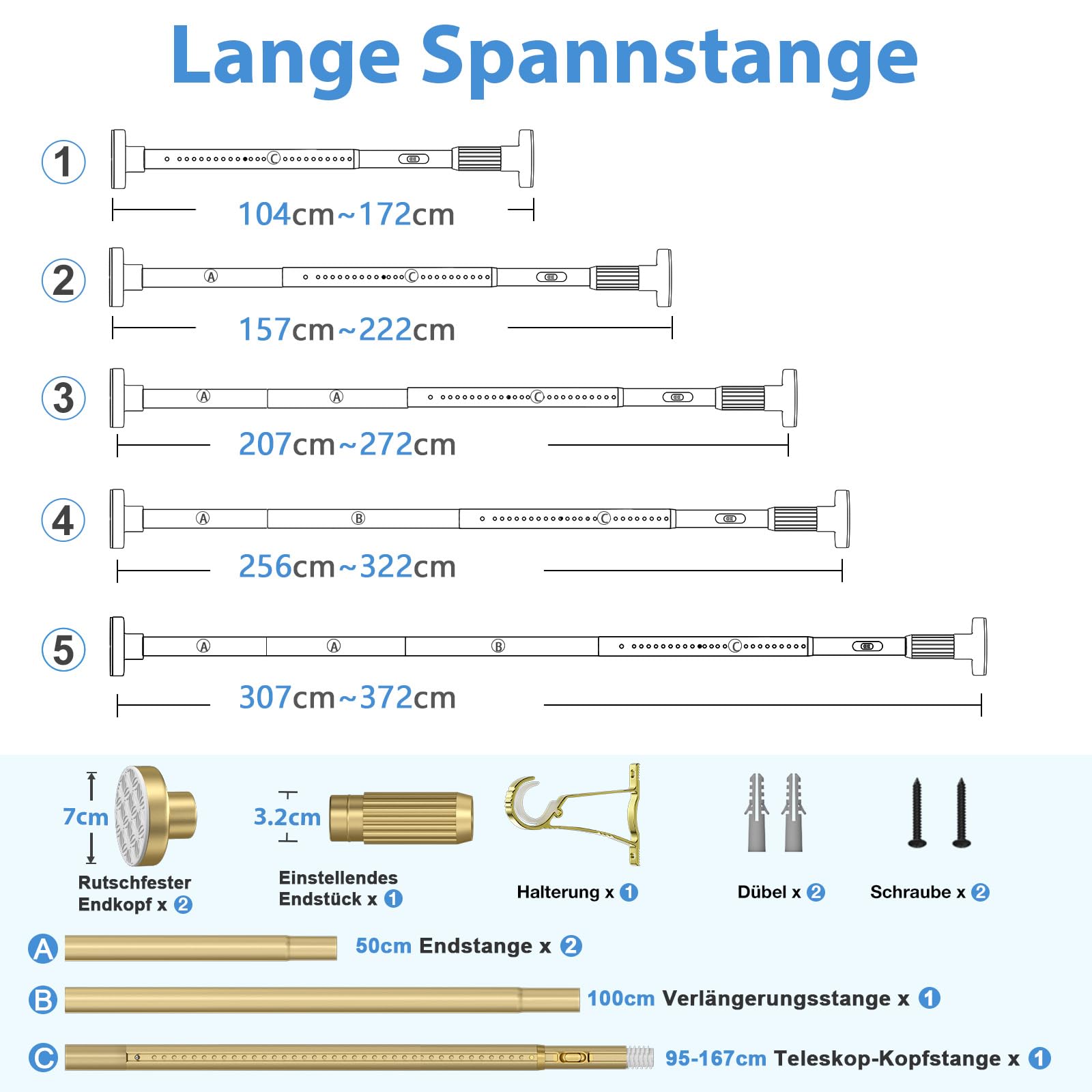 Tringle à rideau dorée sans perçage 100-372 cm Ø 32 mm Tringle à rideau sans perçage