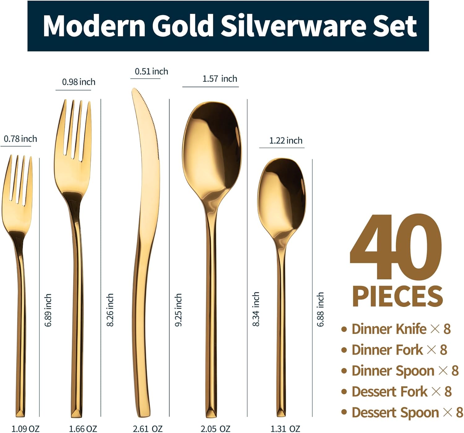 Lemeya 40-Piece Gold Silverware Set for 8,Modern 18/10 Stainless Steel Flatware Set,Luxury Cutlery Set,Unique Utensils Set for Restaurant,Spoons and Forks Set,Mirror Polished,Dishwasher Safe - Image 3