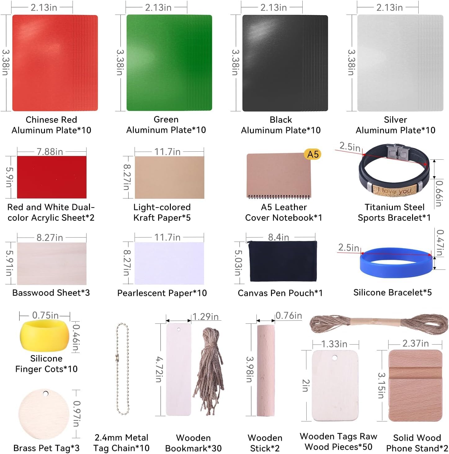 175-teiliges Laser-Gravur Material-Sortiment aus Holz, Metall & Acryl - DIY Starter Kit für Schlüsselanhänger, Hundemarken und Visitenkarten
