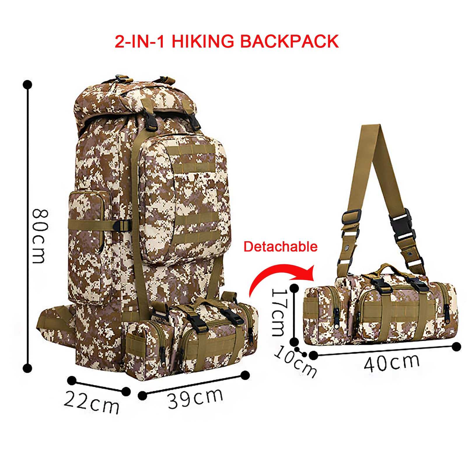 Wandelrugzak 100L Outdoor Militaire Camouflage Rugzak, 2-in-1 Waterdichte Camping Wandelen MOLLE Rugzak Grote Capaciteit Dagrugzakken Tas voor Heren, Geweldig voor Klimmen, Trekking, Reizen