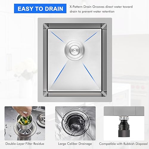 Vista 15 de MENATT Fregadero de cocina de 20 pulgadas, acero inoxidable SUS304 hecho a mano, fregadero de cocina con colador de fregadero (cepillado), 20 x 16 x