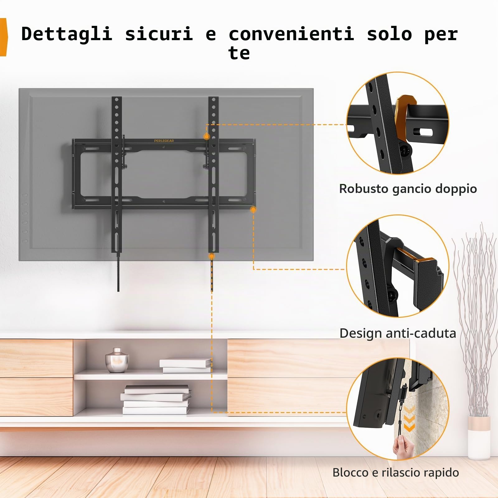 Perlegear Supporto TV Parete Inclinabile, Staffa da Parete per TV da 26"-65", Max VESA 400x400, Supporto TV Ultra Resistente 45kg