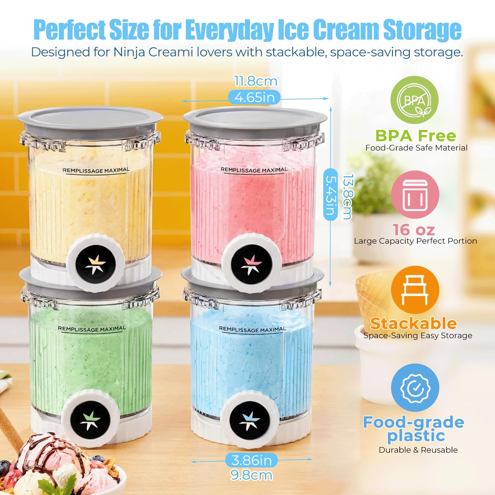 4 Pièces Pot pour Ninja Ice Cream Swirl, 480ml Pot pour Ninja Creamy Swirl pour Ninja NC700 NC701, Bacs à Crème Glacée avec Couvercles Étanches, BPA et Lave-Vaisselle