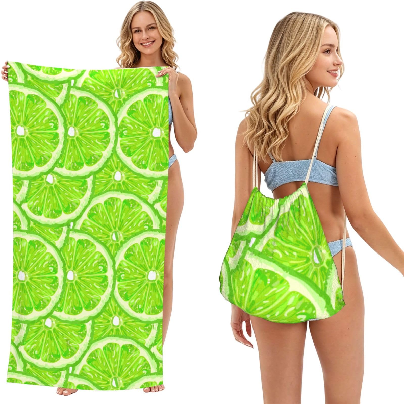 Poadnly As Picture Lime Green Pattern, 2 In 1 Packable Towel Bag, Beach Towels With Drawstring Backpack For Travel Holiday Camping