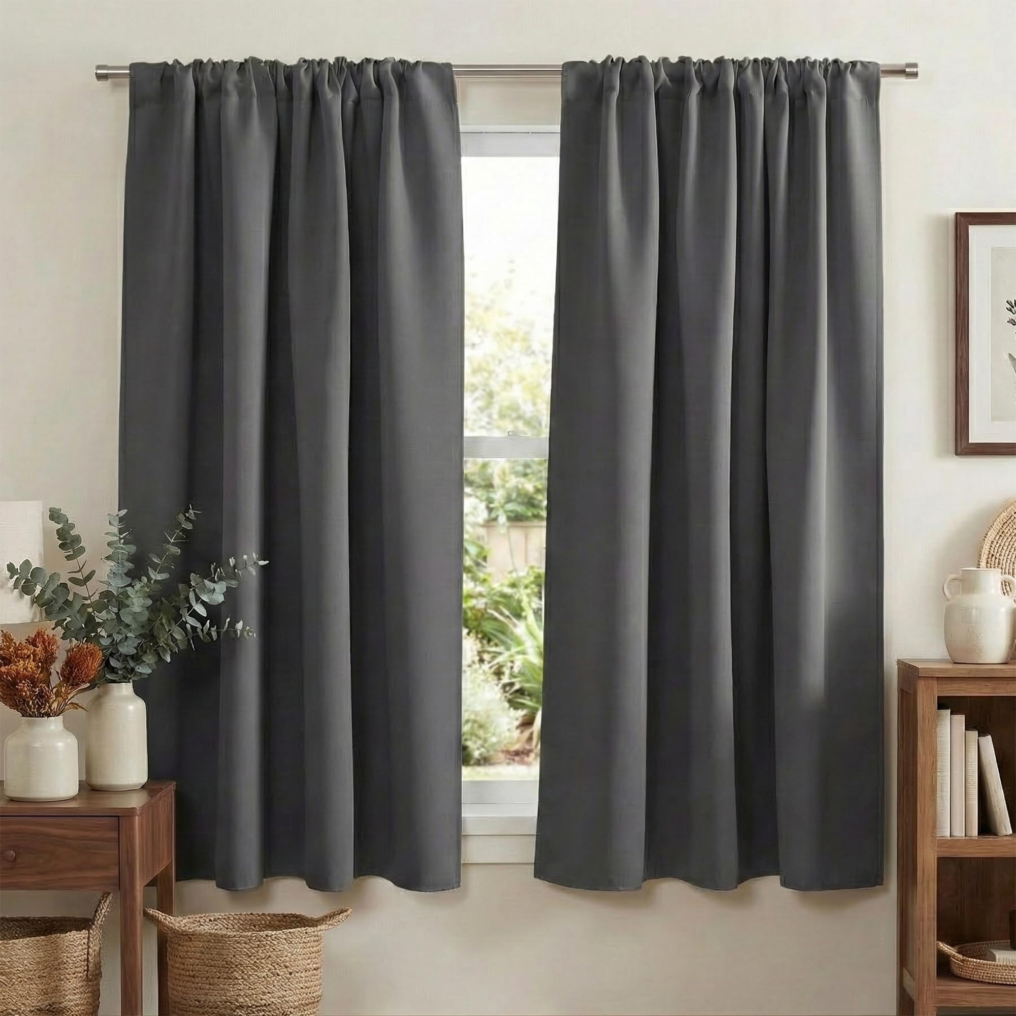 PONY DANCE Bedroom Blackout Curtains 45 Inch Length - Rod Pocket Grey Short Thermal Curtains & Drapes for Window, Room Darking Drapes with no Light for Kitchen, 42 x 45 Inches, Gray, 2 Panels