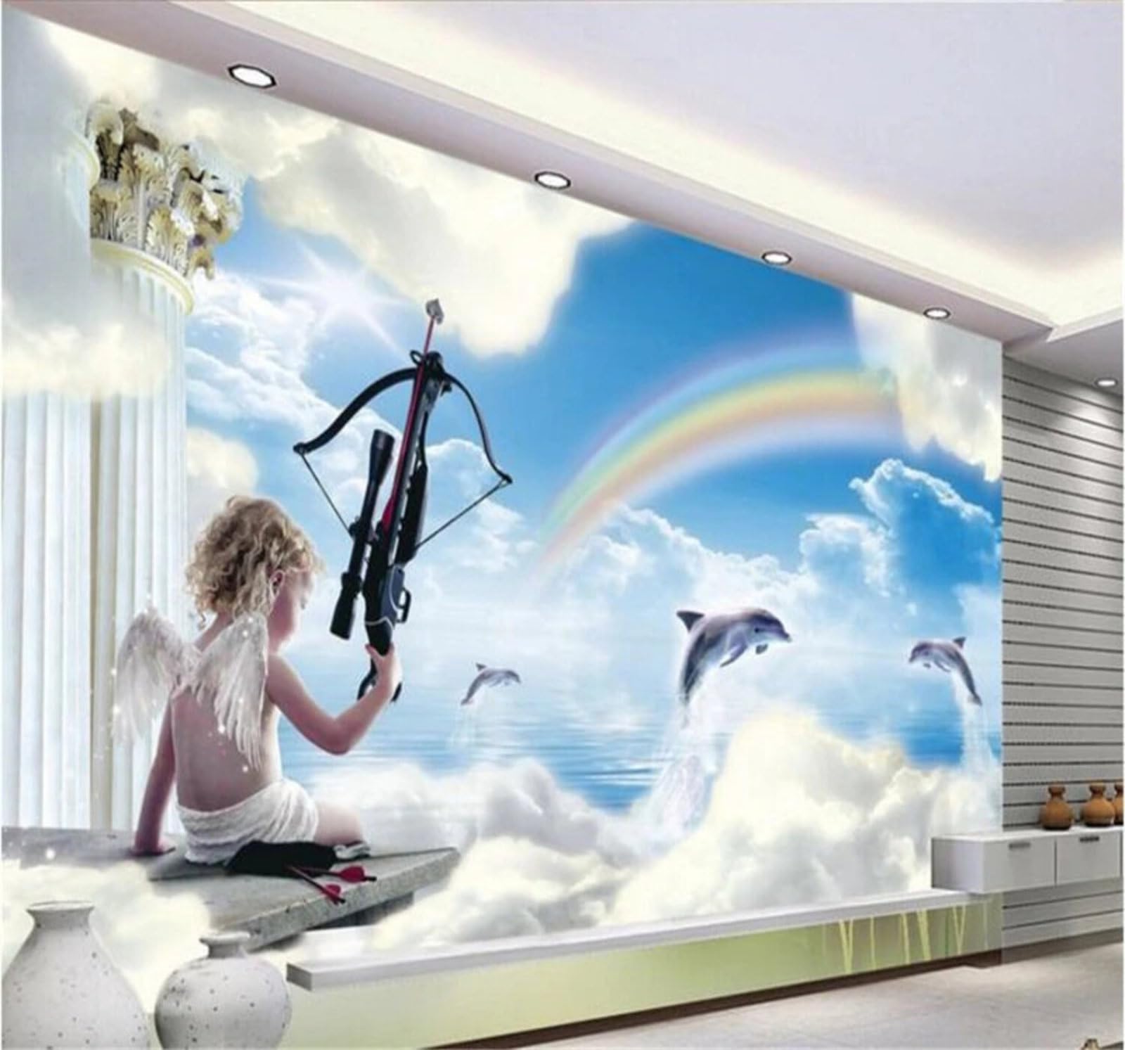 Xlming 350Cm×256Cm(B×H) Ethereal Ocean Dolphins Rainbow Angels 3D Wallpaper Luxury Silk Study Dining Feature Sofa Grey Bedroom Living Room Tv Decorative Wall-350Cm×256Cm