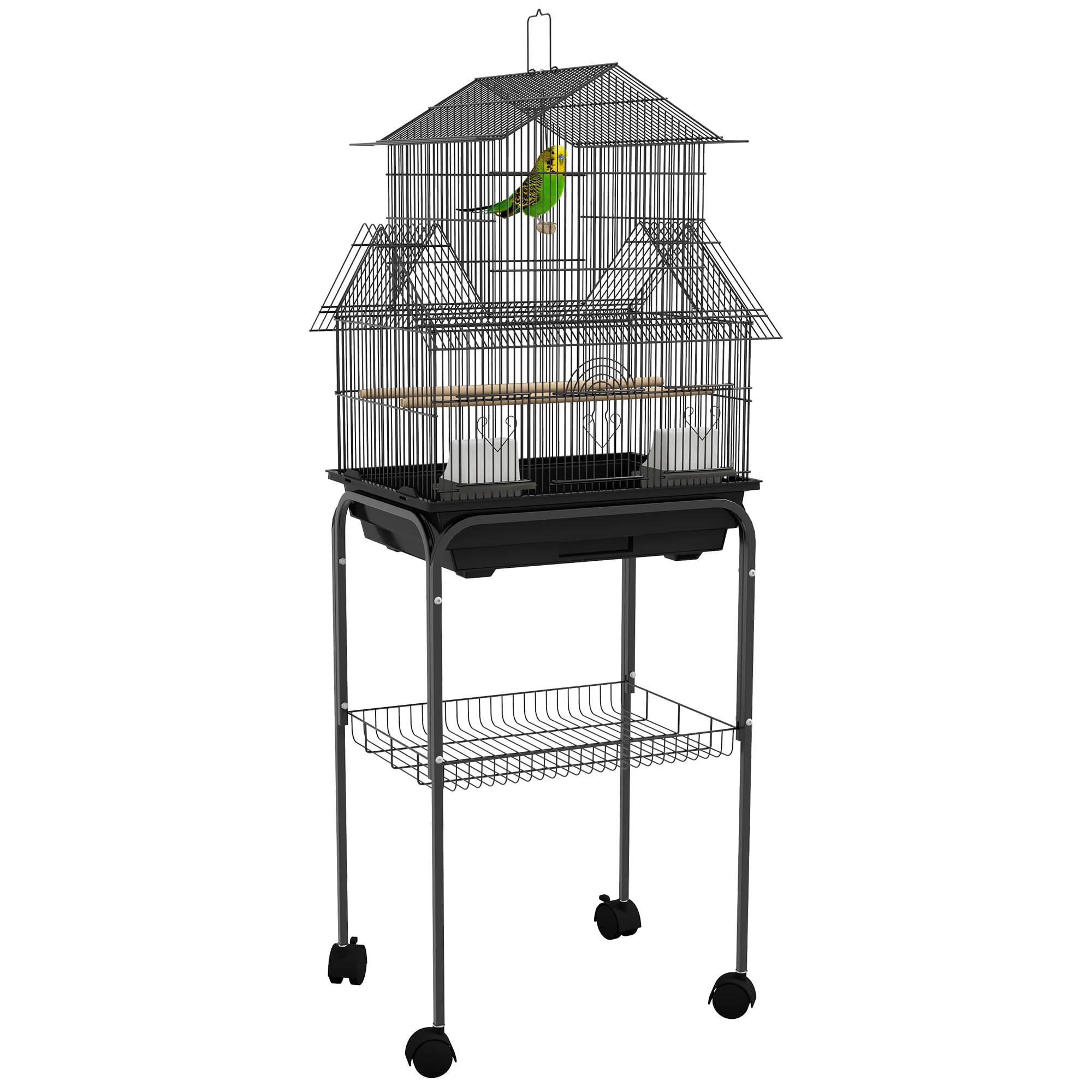 PawHut Bird Cage Budgie Cage with Stand Slide Tray Handle for Finch Canary 43.5 x 33 x 121cm Black