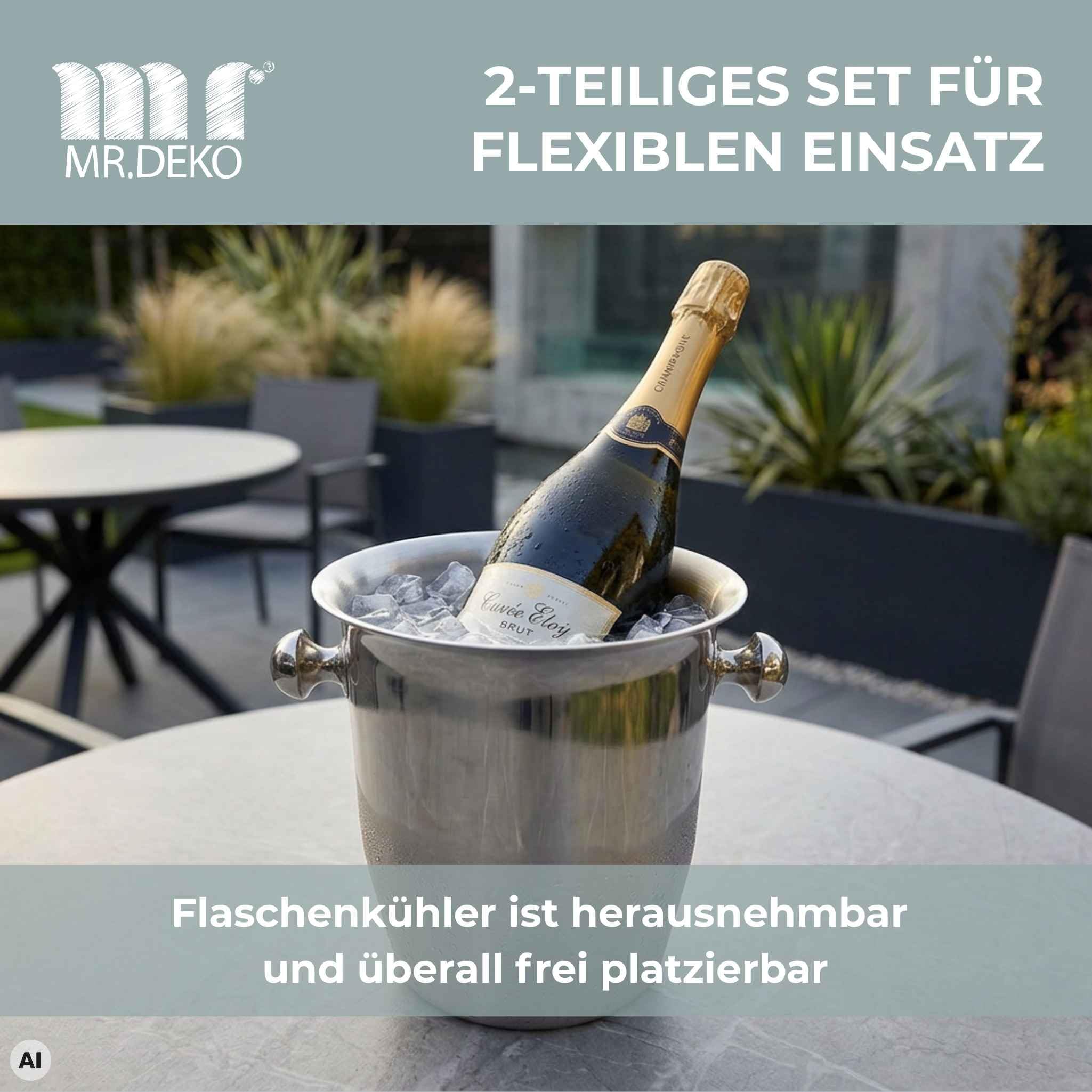 MR. DEKO Strandkorb-Zubehör Champagnerkühler Edelstahl 2tlg. | Sektkühler mit Halterung Rostfrei | Weinkühler-Set für Gartenmöbel | Flaschenkühler | Getränkekühler-Halterung Strandkorb-Einsatz