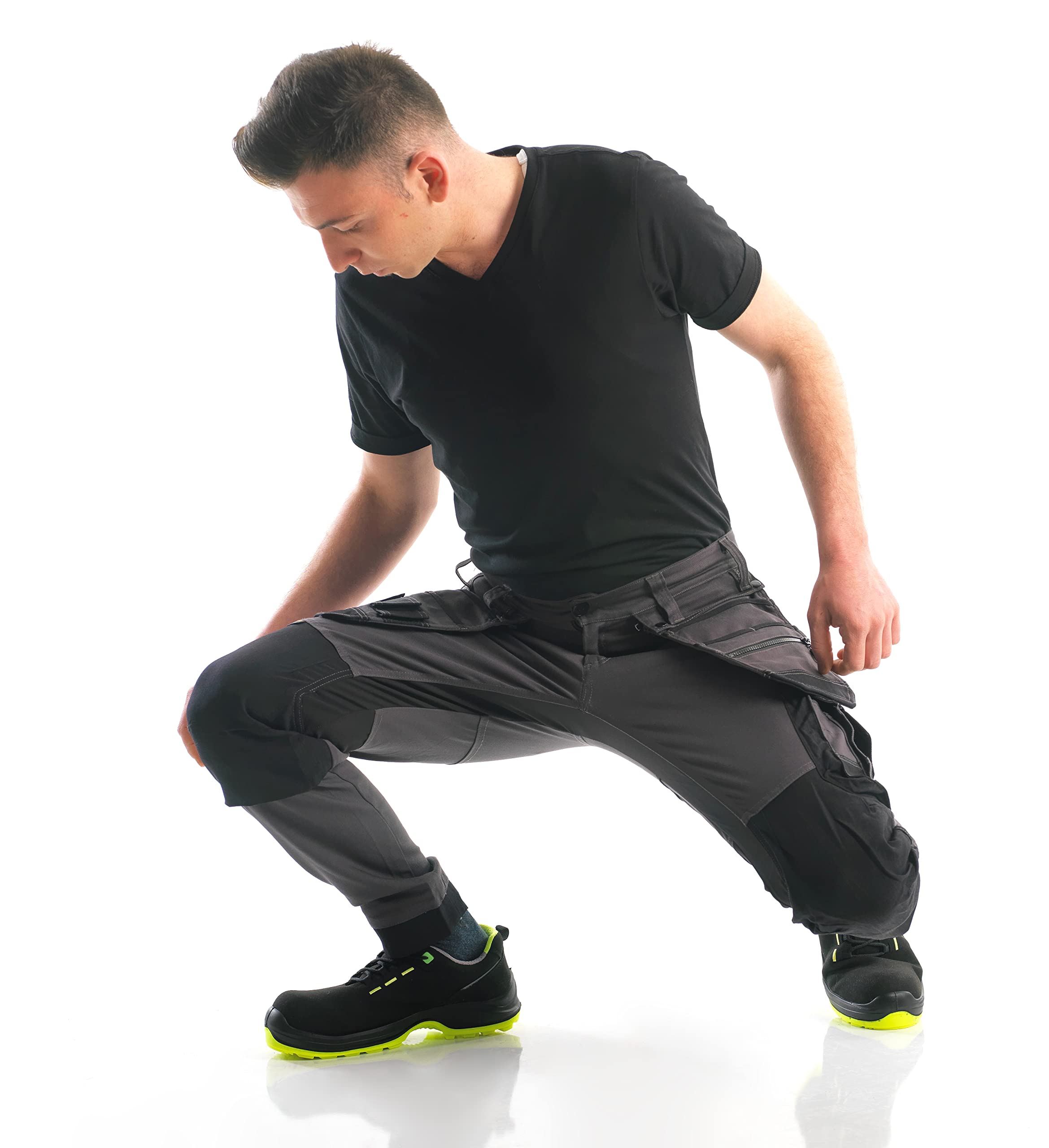 Bitco GARONE Pantalón de Trabajo Extensible para Rodilleras, Color Gris y Negro, Resistente al Agua y al Aceite, con Refuerzo de Cordura®, Bolsillos para Rodilleras, Bolsillos de Utilidad