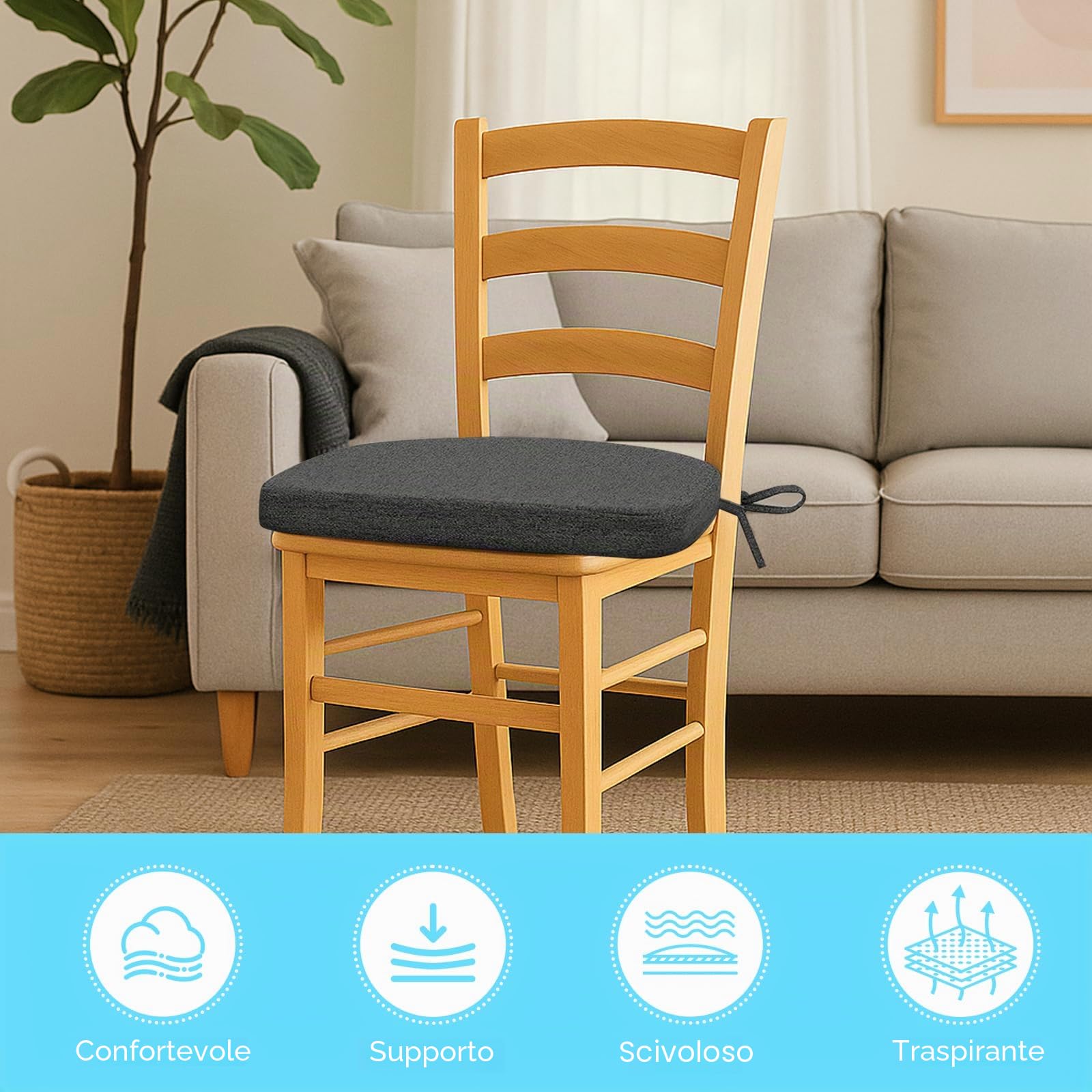 Set di 2 cuscini per sedia da esterni, 42 x 43 cm, per sedia e sedia da giardino, cuscino per sedia da esterno, imbottitura per mobili da giardino, resistente alle intemperie, con nastri (grigio scuro
