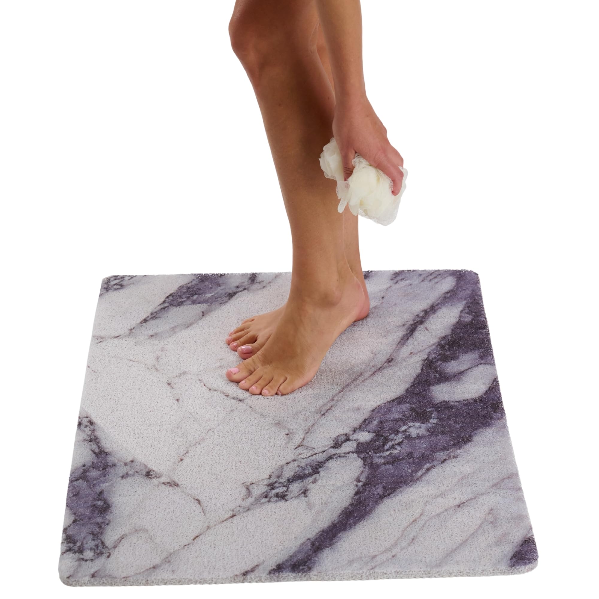 Enkosi Loofah Non-Slip Shower Mat - Shower Floors, Bathtub, Bathrooms, Wet Areas - Cushioned Bath Mat with Drain Holes - Quick Dry PVC, Secure Safety Pad Without Suction Cups (32x24 Marble Grey Blue)