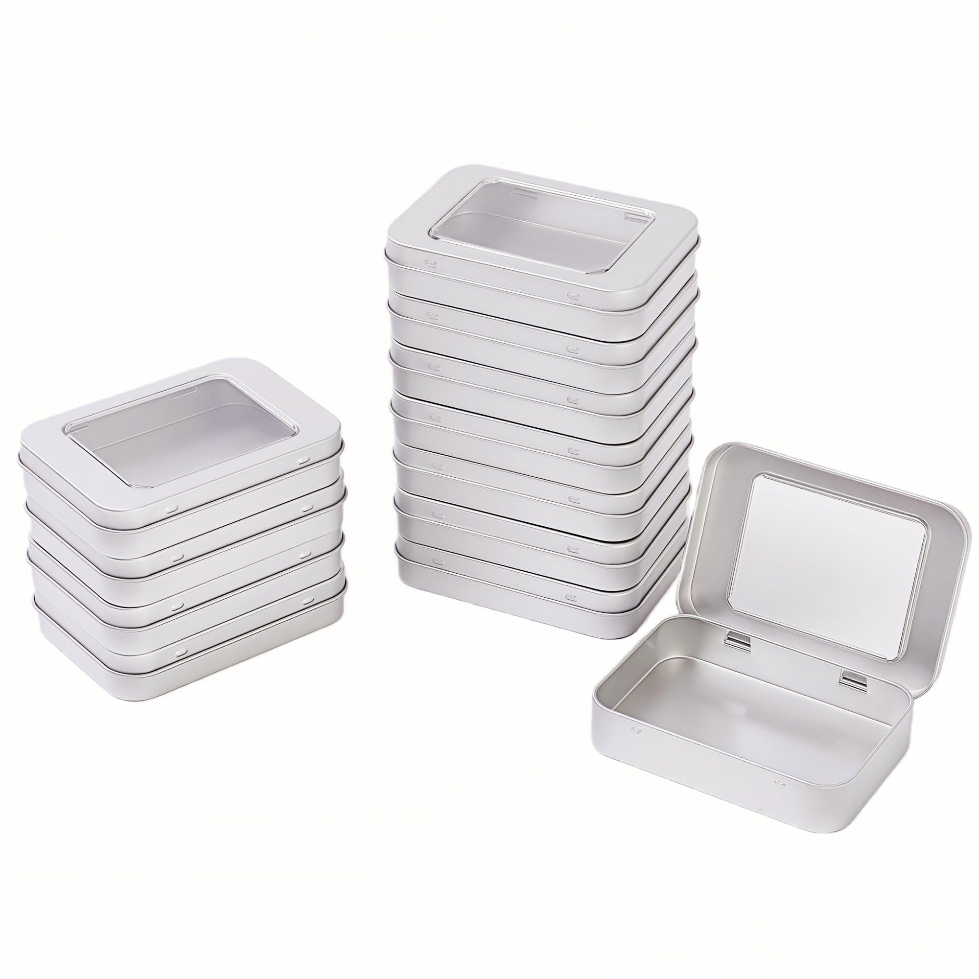 LJY 12 Pack Empty Rectangular Metal Storage Organizer Tins with Clear Window Hinged Lids for Candies, Gifts & Treasures (Silver)