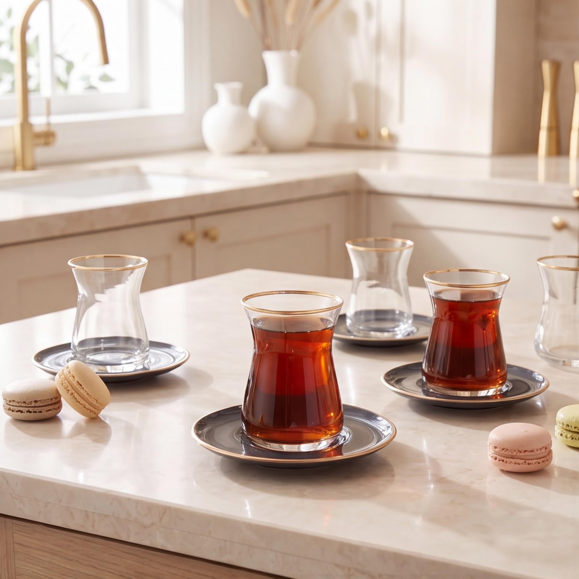 KARACA Juego de té retro antracita para 6 personas, vasos de té turco con platillos, 12 piezas, detalles de calcomanía dorada