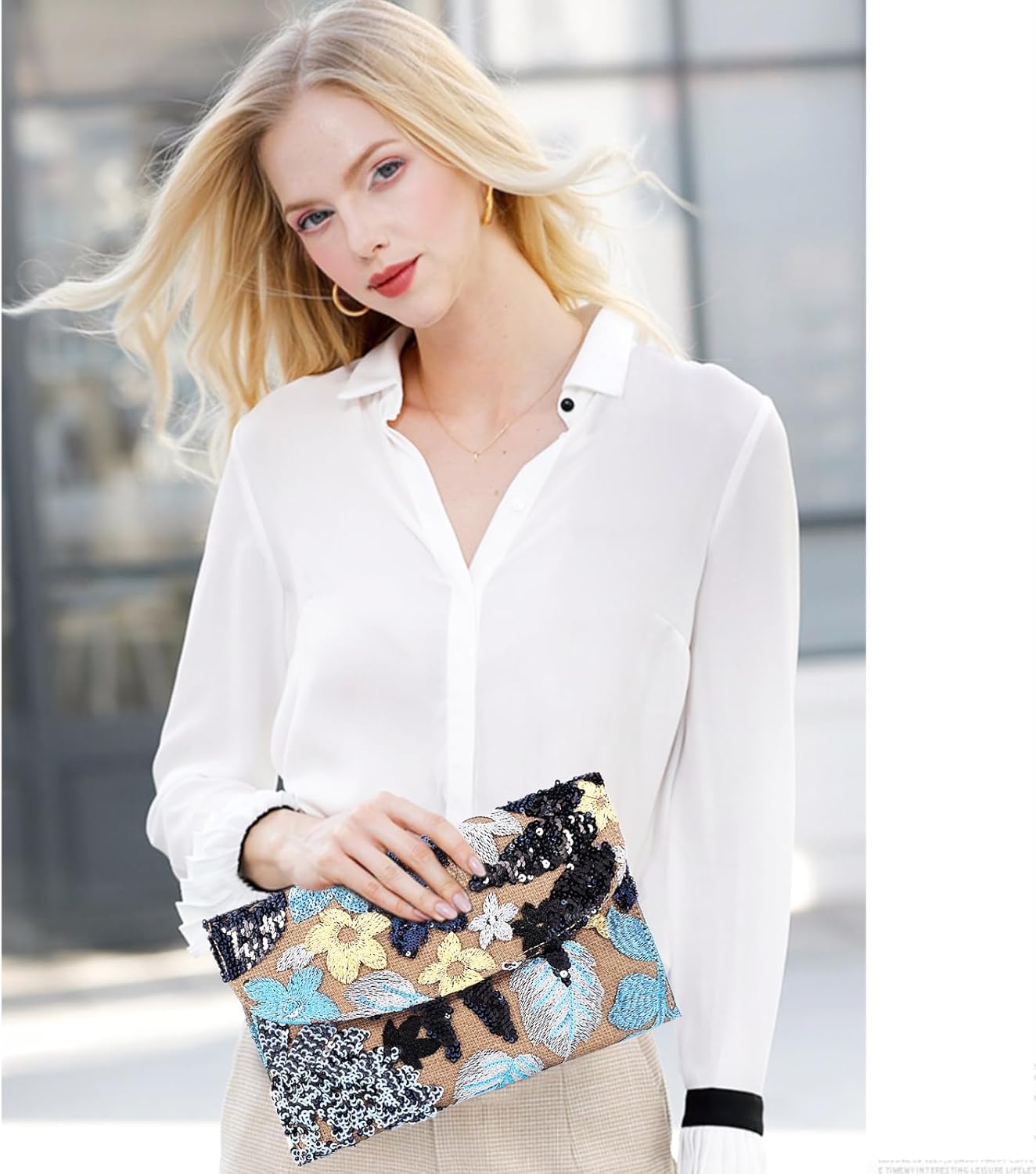 Envelope Package, Clutch Purses for Women, Sequin Embroidered Flowers Straw Bag, Bohemian Handmade Handbags, Beach Bag for Vacation, Travel, Banquet(Black Flower) - Image 2