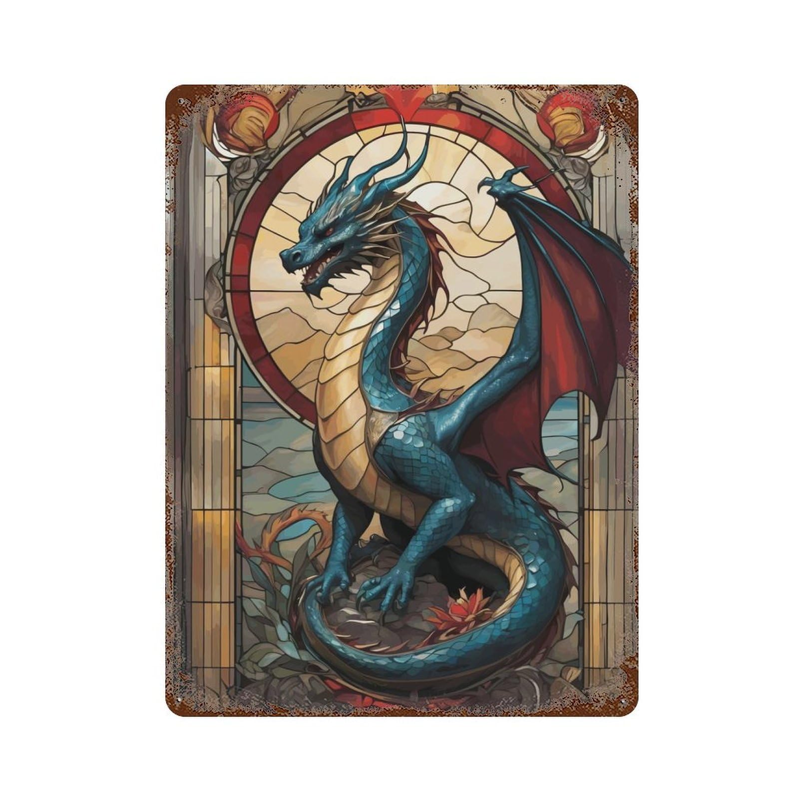Rust Effect Dragon Myth Animal Decorative Tin Sign 15.7"x11.8", Classic Wall Plaque for Pub, Kitchen And Man Cave Decor