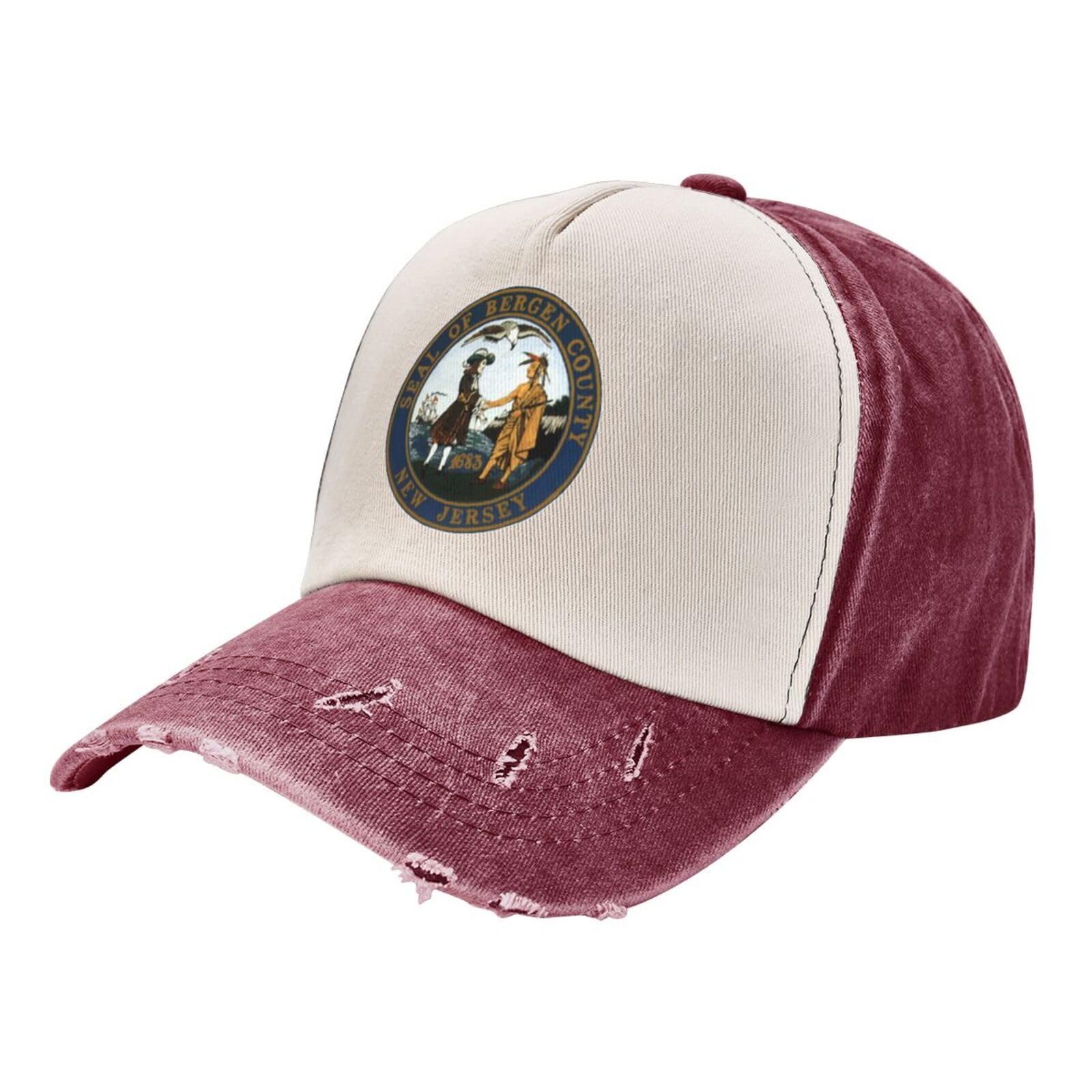 POOEDSOBergen County Seal Baseball Cap for Men Women Adjustable Color Clash Washed Dad Hat