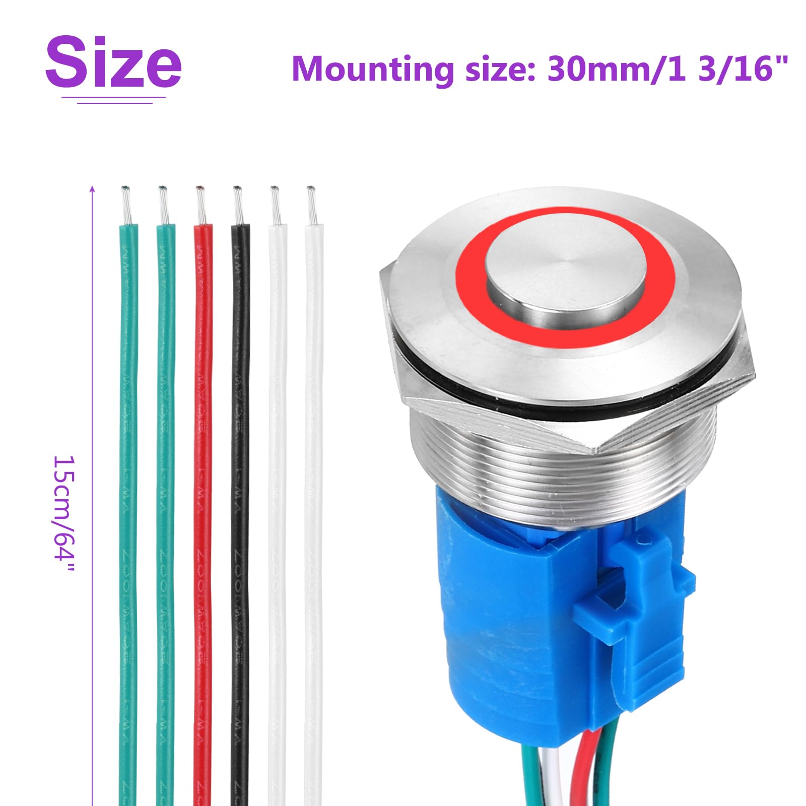 DMiotech 1 3/16 Inch Stainless Steel Momentary Push Button Switch Domed Head 5A 12-24V Silver Shell 6 Pin with Cable Socket Red Ring LED 1NO1NC for Car Boat Systems Custom Setups - Image 4