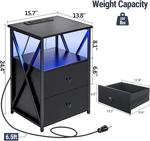Miniatura 2 de Livofloral Juego de 2 mesitas de noche con LED, mesita de noche con estación de carga, juego de 2 mesas auxiliares negras con cajones de madera,