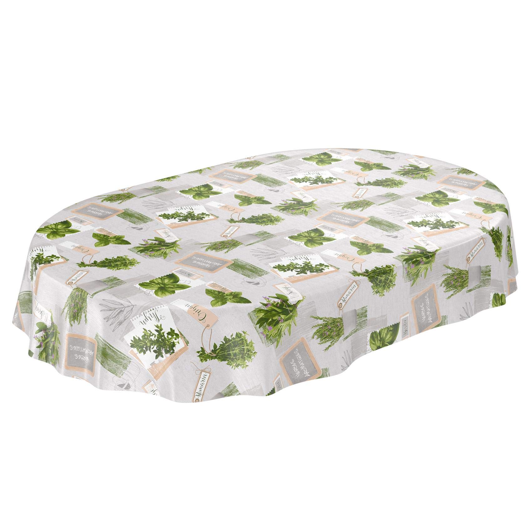 Tovaglia cerata, lavabile, di colore verde e beige, motivo: piante, taglia selezionabile, asciugamani, Kräuter Grün Beige Bio Basilikum, Oval 140 x 180cm