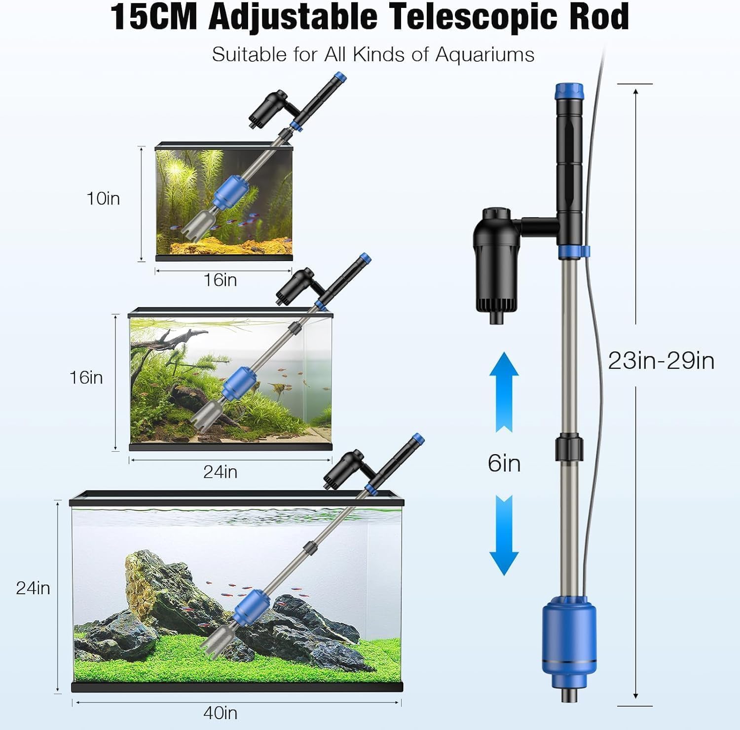 bedee Aspiradora de grava para acuario, aspiradora eléctrica de 24 W, limpiador de acuario multifuncional 6 en 1 para cambio automático de agua, arena de lavado, circulación de agua y apagado