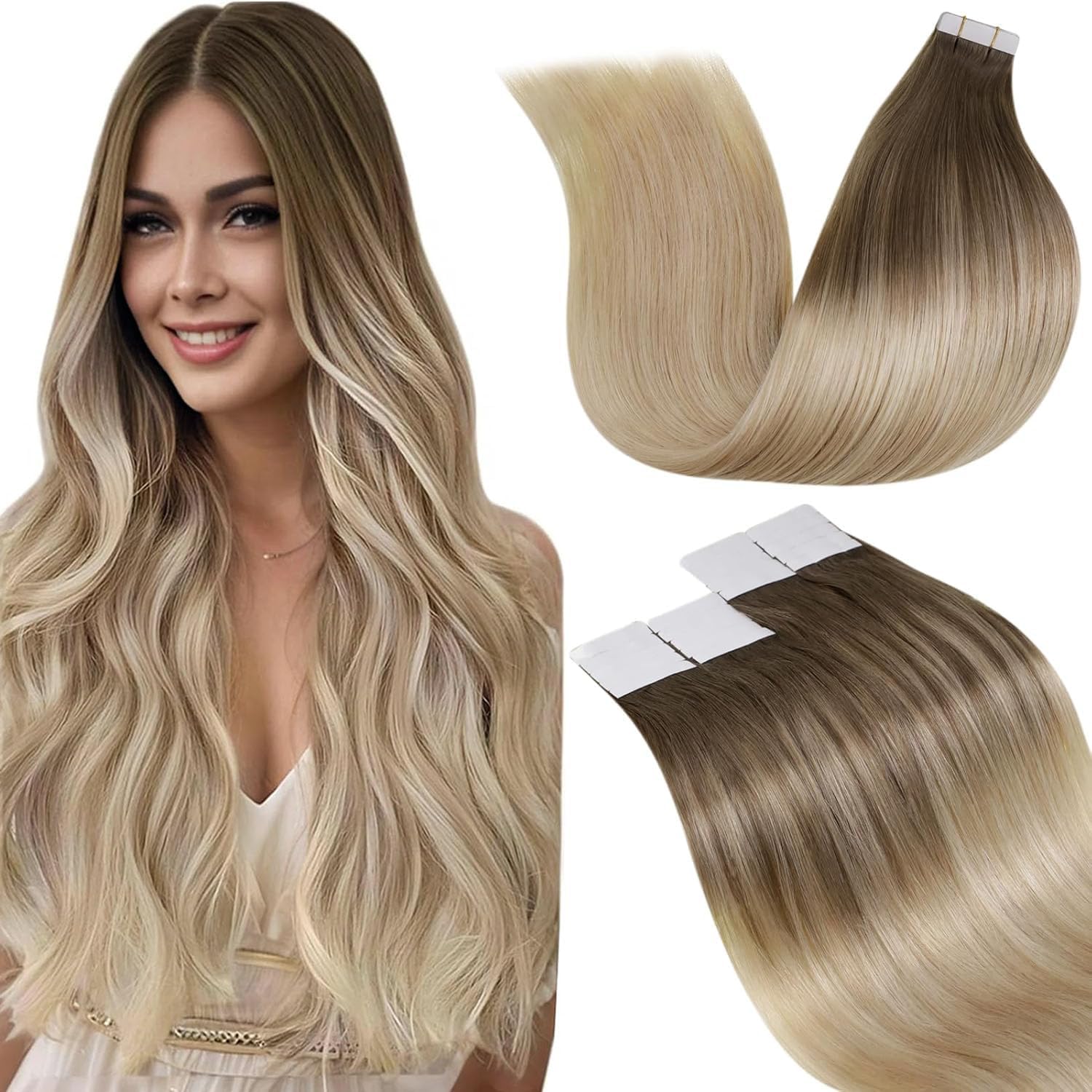 LaaVoo Real Hair Extensions Double Sided Blonde 20pcs 40 cm Double Sided Adhesive Real Hair Extensions Balayage Light Brown to Ash Blonde and Platinum Blonde Straight Remy 50 g #8/18/60