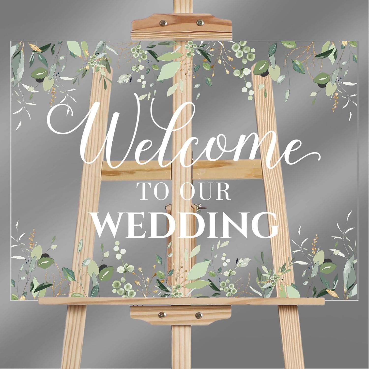 Welcome Wedding Sign - 24 x 18 Inch Acrylic Greenery Eucalyptus Sign for Wedding Reception, Ceremony, Lawn, Indoor