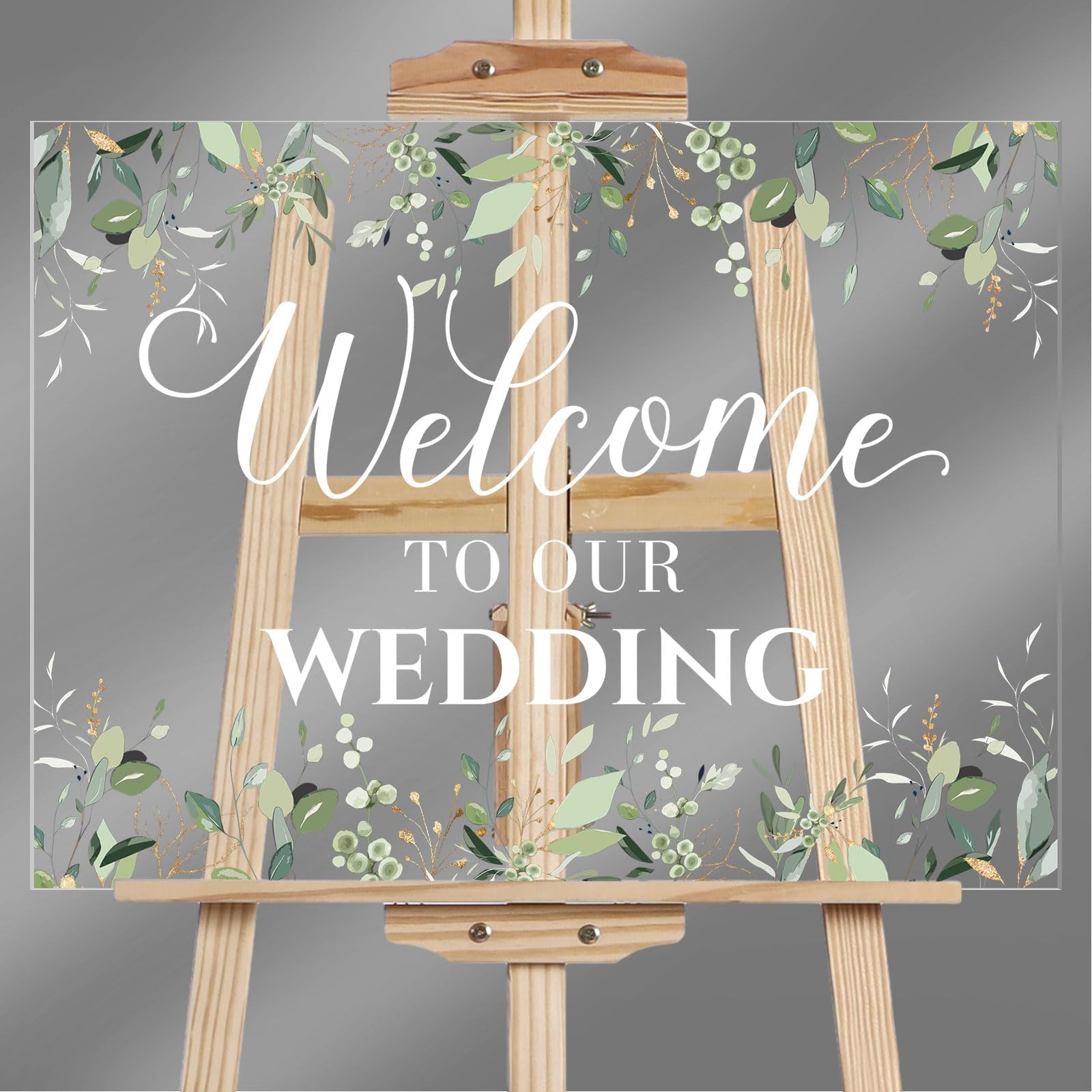 Welcome Wedding Sign - 24 x 18 Inch Acrylic Greenery Eucalyptus Sign for Wedding Reception, Ceremony, Lawn, Indoor
